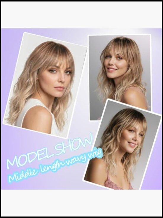 Wavy Long Ombre Blonde Wig with Bangs Medium Length Heat Resistant Synthetic main image 6